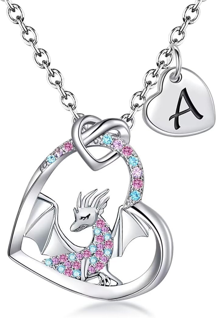 BAOWING Store Dragon Necklace Gifts for Kids Girls Rainbow Dinosaur Animal Pendant Colorful CZ Heart Letter Initial Jewelry Gifts for Daughter Granddaughter Niece Little Teen Girl - Image 1